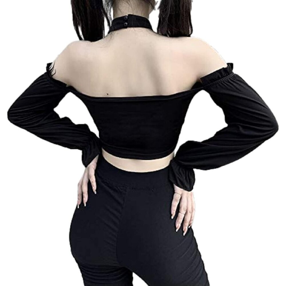 Dark Punk Crop Top with Chains Women Off Shoulder Long Sleeve Solid - Picture 2 of 6